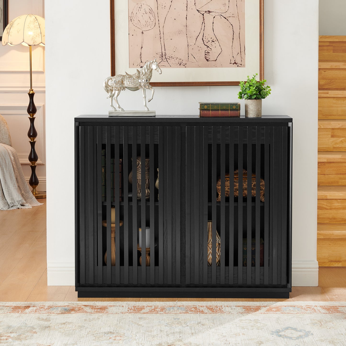 Fluvin Hollow Console – Black Fluted Cabinet with Outlet Holes & Storage