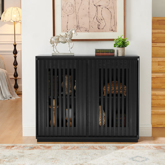 Fluvin Hollow Console – Black Fluted Cabinet with Outlet Holes & Storage