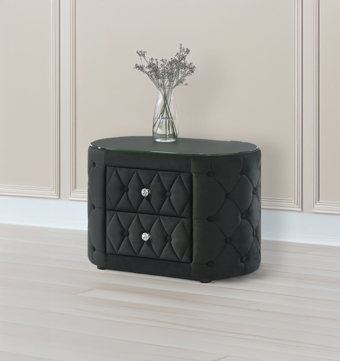Velvoria Oval Stand – Black Tufted Nightstand with Glass Top & Sparkling Hardware
