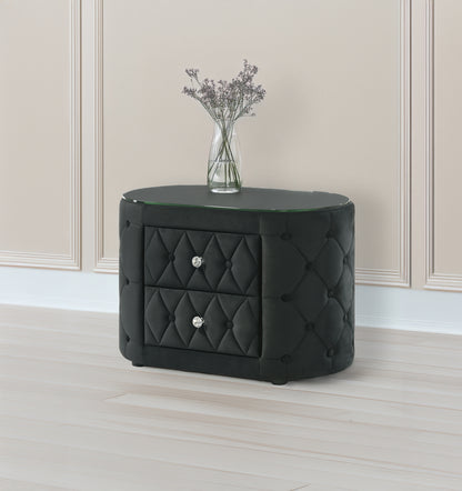 Velvoria Oval Stand – Black Tufted Nightstand with Glass Top & Sparkling Hardware
