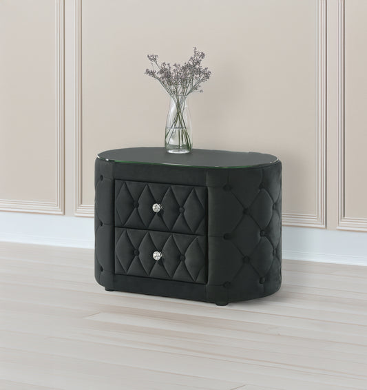 Velvoria Oval Stand – Black Tufted Nightstand with Glass Top & Sparkling Hardware