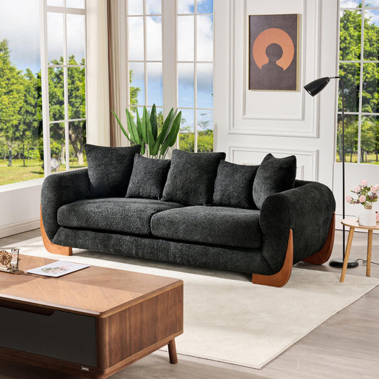 JUSTLIVE ‘Comfina Luxe” Sofa – Black | Elegant Lambswool 3-Seat + 5 Cushions + Wooden Accents