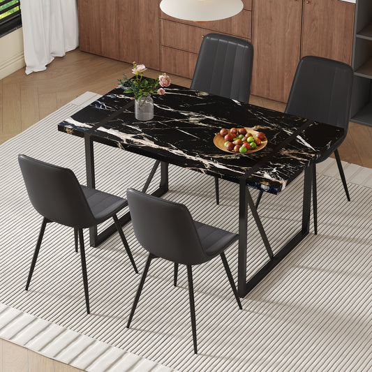 Arquent 55" Dining Set – Black Marblelook Table with 4 Pureline PU Chairs
