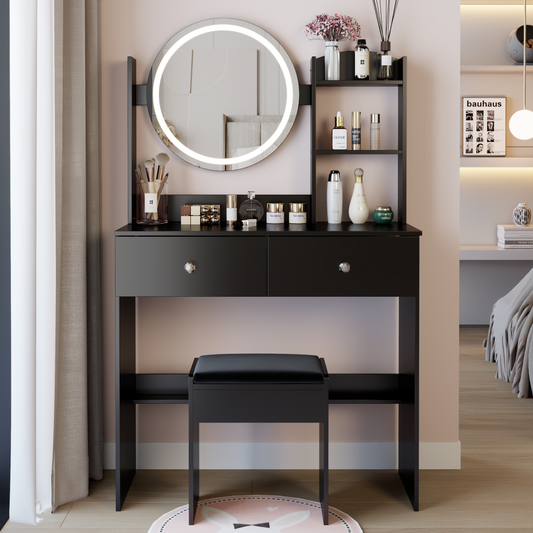 Vionix Curve Mini – 17" Round LED Mirror Vanity Table with Cushioned Stool & Brightness Control