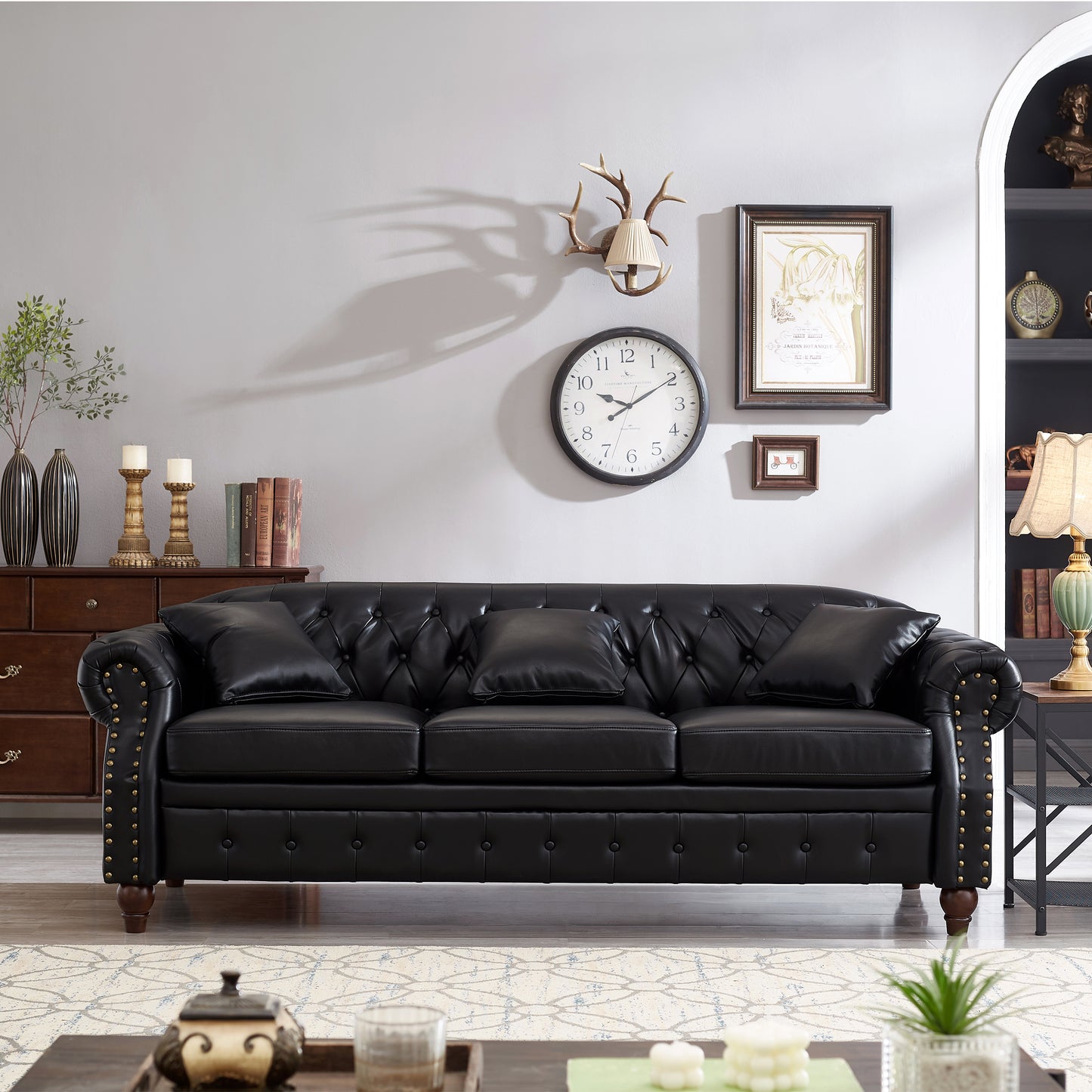 Regent Luxe Chesterfield – Classic Black Leather Sofa with Storage