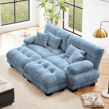 2-Seat Sleeper Lounge – Blue Chenille Sofa with Lumbar & Throw Pillows, Wide Arms & Dual Ottomans