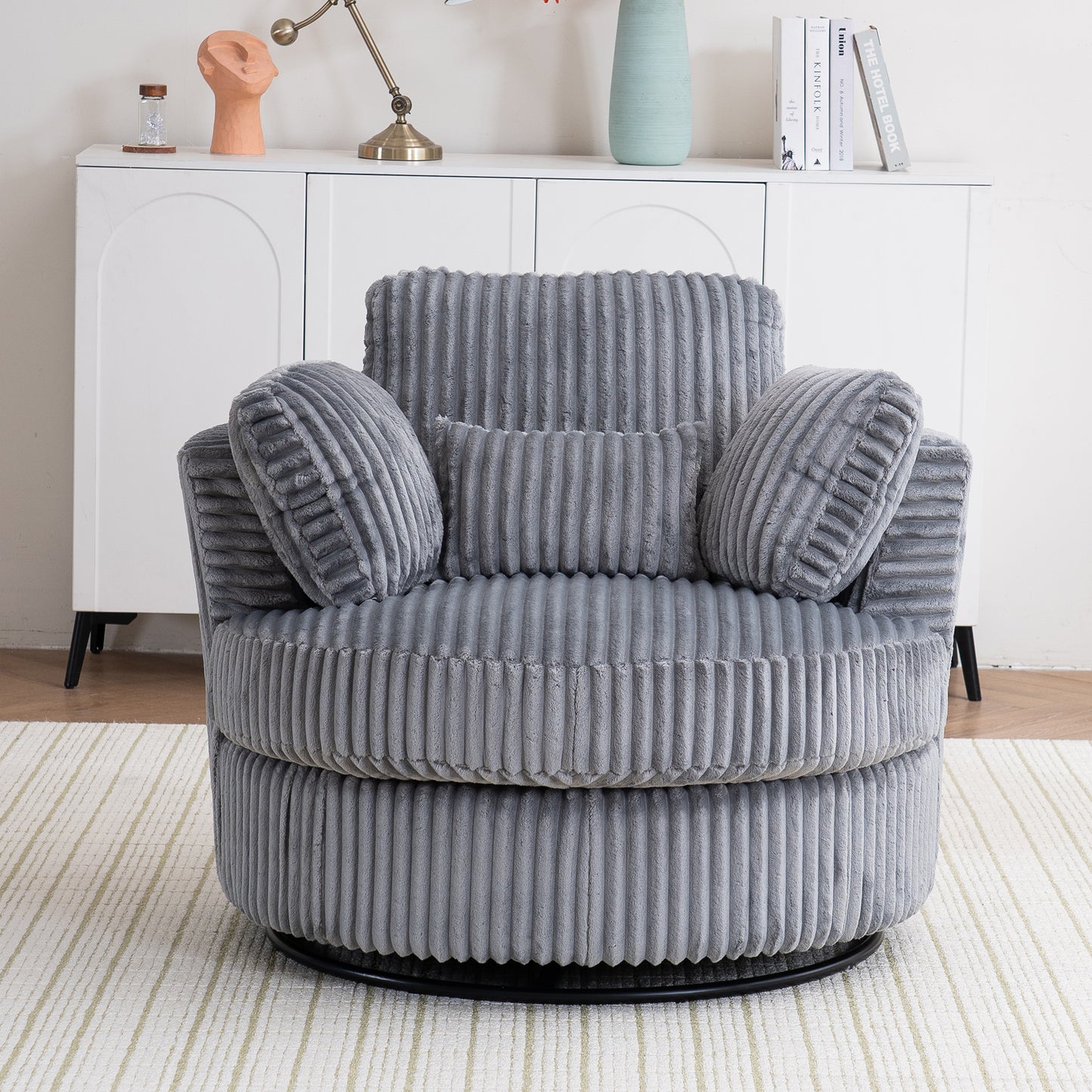 Corduva Chair – Stormplush Corduroy, Orbituxe Swivel Base, PillowNest Comfort