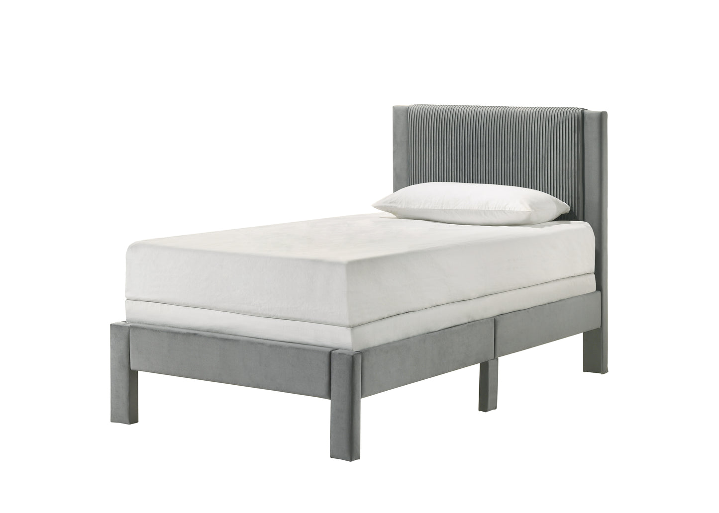 Pluvia Twin Bed – Light Gray Ribbed Upholstered Platform (Youth/Kids)