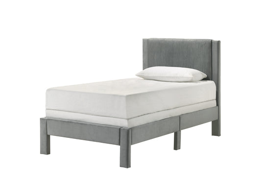 Pluvia Twin Bed – Light Gray Ribbed Upholstered Platform (Youth/Kids)