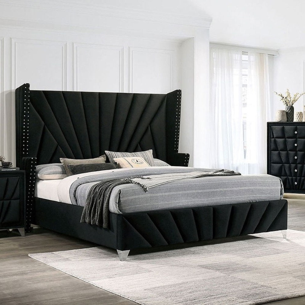 Kivora King Bed – Black Wingback Upholstered Frame with Sculptural Form