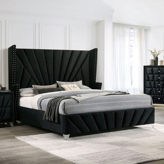 Kivora King Bed – Black Wingback Upholstered Frame with Sculptural Form
