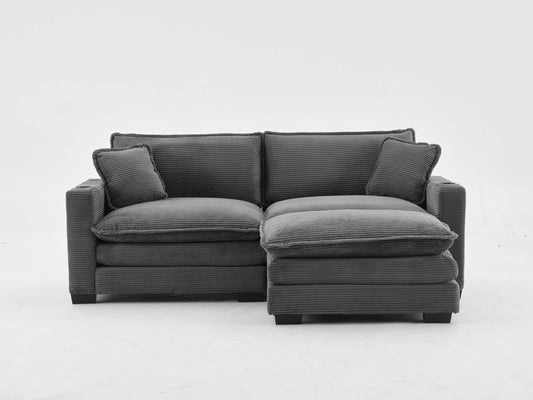 NestEdge ‘CorduNest” L-Shape Sofa – Gray Striped Corduroy | USB + Cup Holder + Footstool