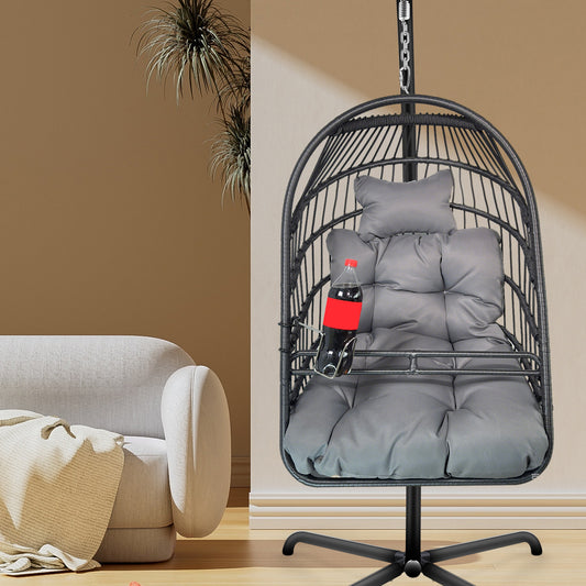 Nestra Swing Egg Chair – Wicker Hanging Chair with C-Frame Stand, Cushion, Pillow & Built-In Cup Holder