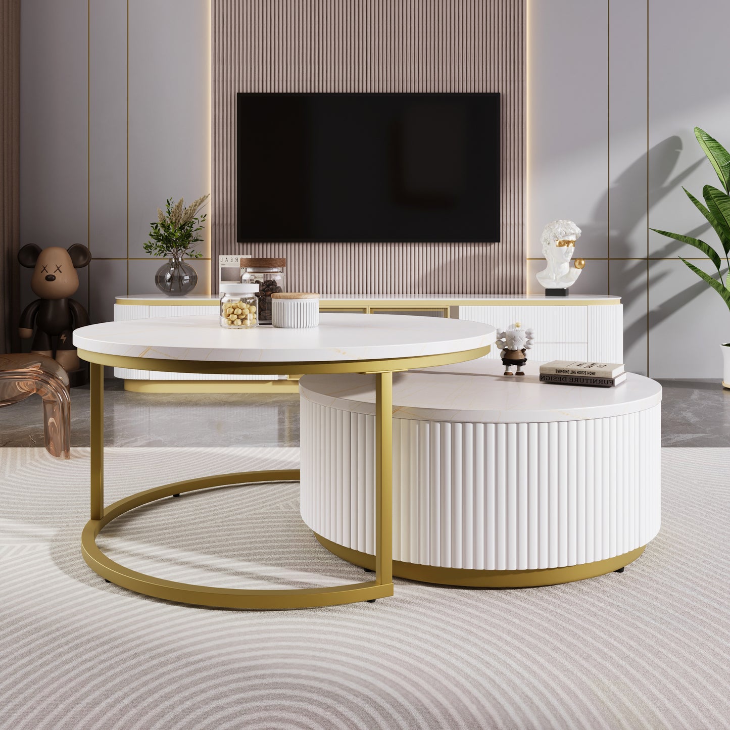 Auron Nesting Table – 27.6" Fluted Round Duo with Drawer in White & Gold