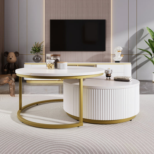 Auron Nesting Table – 27.6" Fluted Round Duo with Drawer in White & Gold