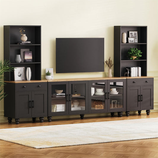 Farmessa Wall Unit – Farmhouse TV Console with Shelves & Glass Doors (Up to 70")
