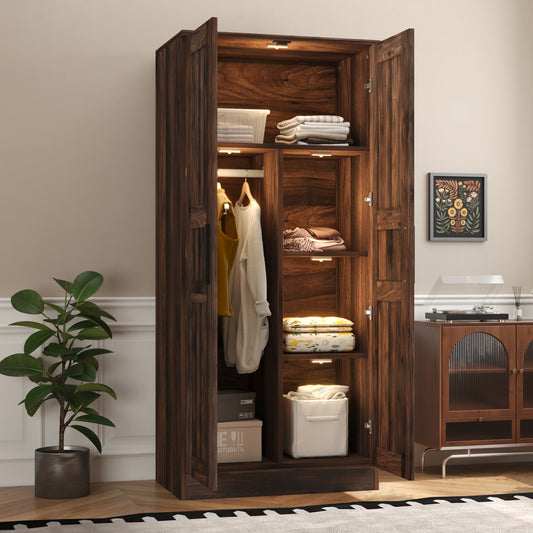 Lunara LED Armoire – Brown 2-Door Wardrobe with Shelves & Ambient Light Strip