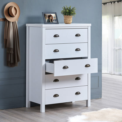 Safari Tower Chest – 5-Drawer Vertical Cabinet with Slide Interlock & Easy Assembly, White