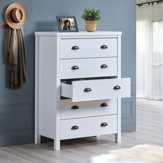 Safari Tower Chest – 5-Drawer Vertical Cabinet with Slide Interlock & Easy Assembly, White