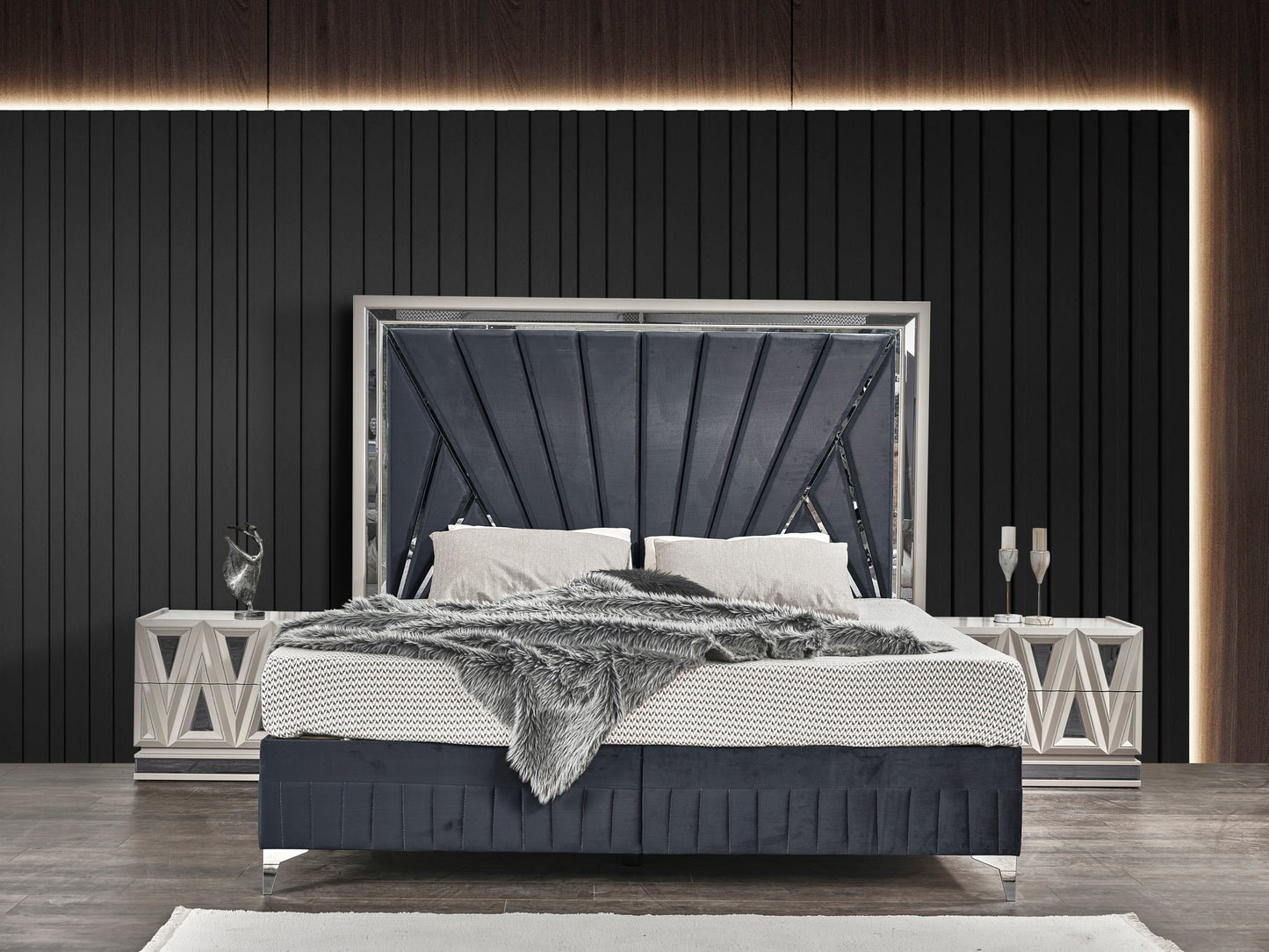Lavira King Bed – Midnight Grey Upholstered Frame with Gold Wood Accents