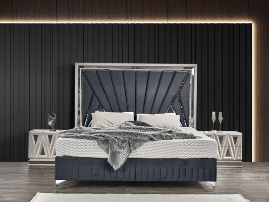 Lavira King Bed – Midnight Grey Upholstered Frame with Gold Wood Accents