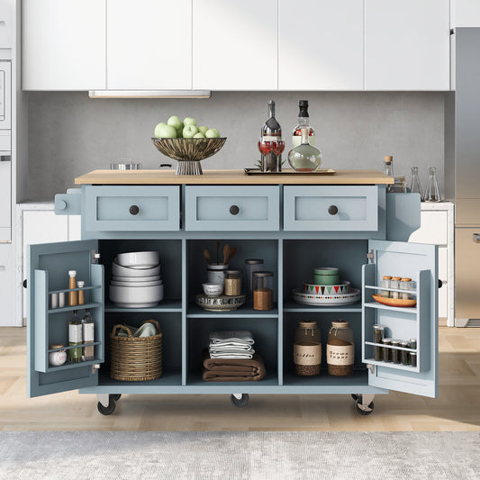 Norlyn Kitchen Cart – Grey Blue Rolling Island with Drop Leaf, 3 Drawers & Storage Racks
