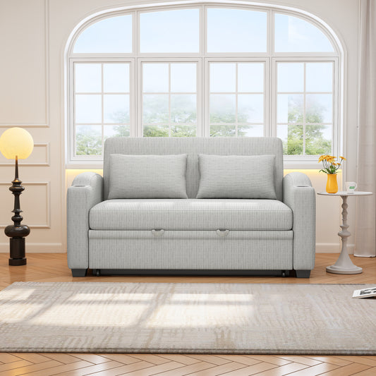 JUSTLIVE ‘Comfina Luxe” Sleeper Loveseat – White-Gray Chenille | Pull-Out Sofa + USB Ports + Cup Holders + Reclining Back