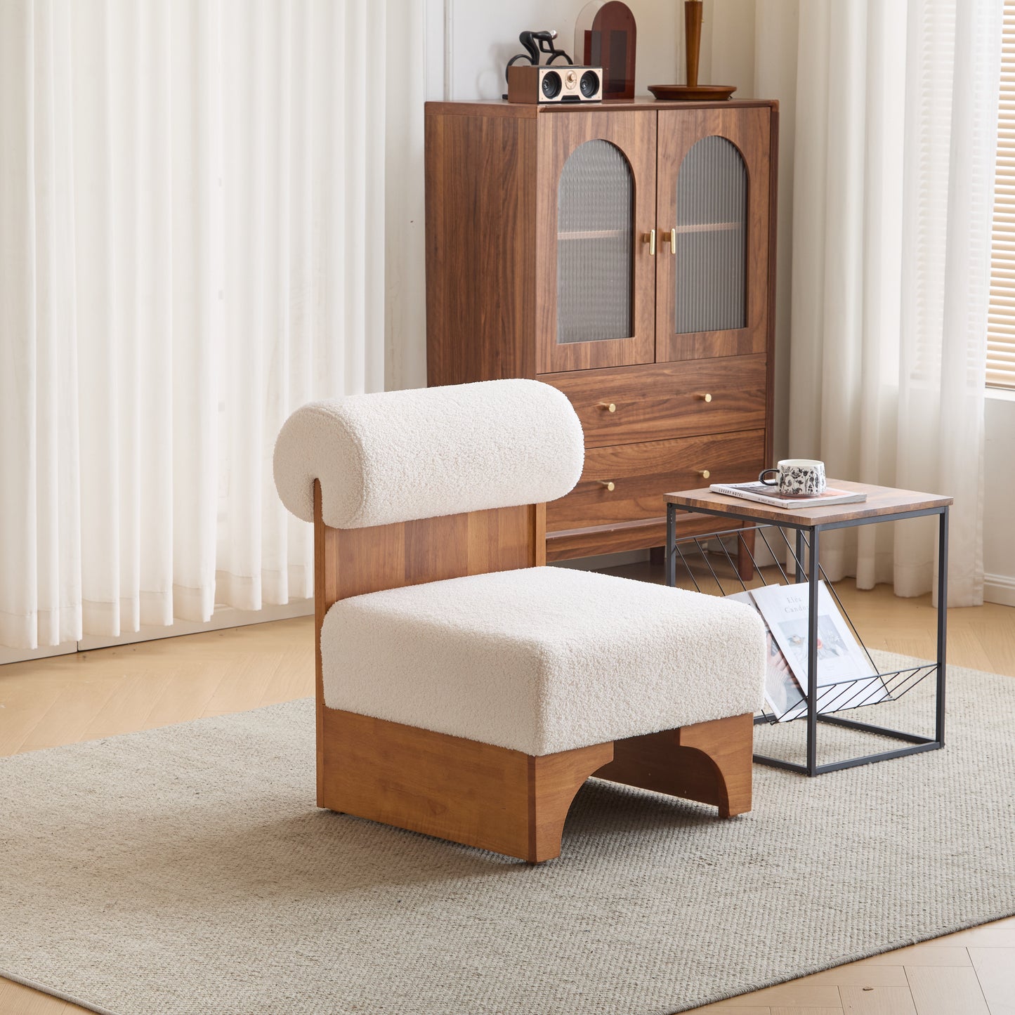 Trenyra Chair – Loopwave Bouclé, Rollcrest Backrest, Solidform Wood Frame