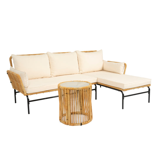 Solvia Set – 3-Piece Natural Yellow Wicker Patio Set with Creme Cushions
