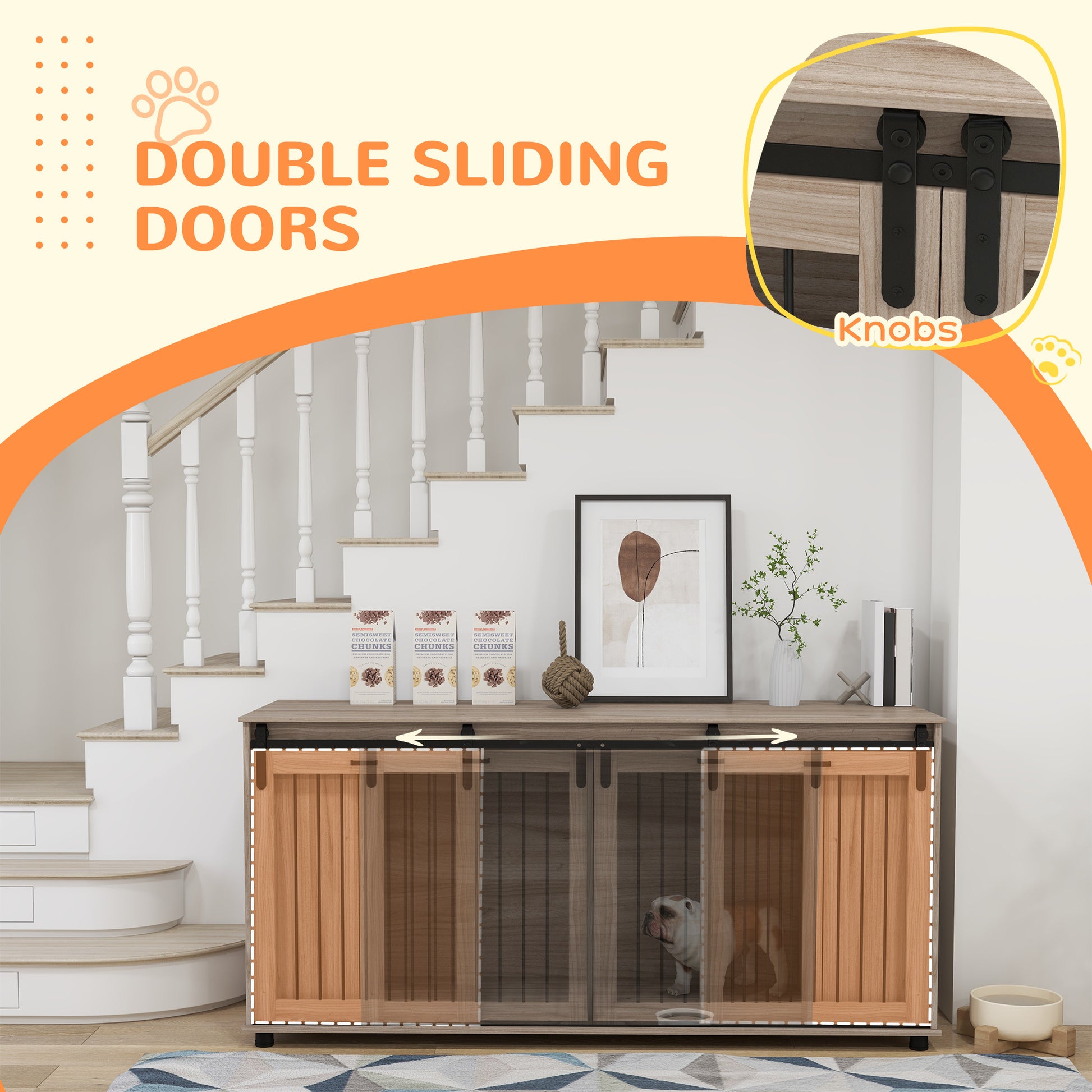 Hollo 71" Dual Crate Console – Walnut Dog Kennel Table with Divider & Storage for 1 or 2 Dogs - JUSTLIVE NESTJUSTLIVE NEST
