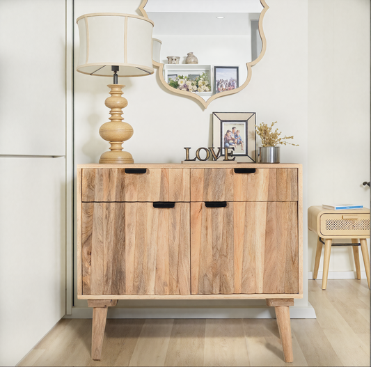 Solna Duo Cabinet – 2-Drawer 2-Door Mango Wood Cabinet in Natural Finish