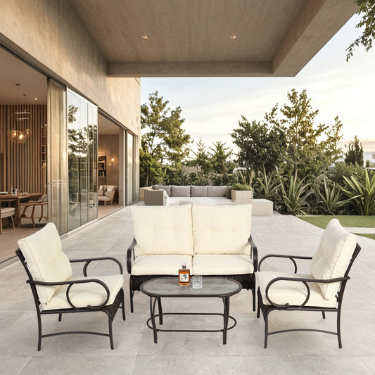 Solvara 4-Piece Wicker Patio Set – Brown Rattan Sofa & Chair Conversation Set with Cushions