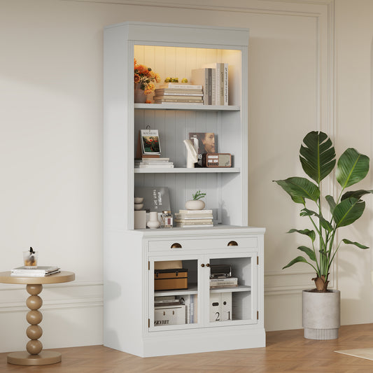 Aynor Bookcase Set – 3-Piece 74'' Matte Gray/White Unit with 12 Shelves and Door Cabinet