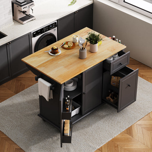 Norlyn Organizer Island – 53.9'' Black Drop-Leaf Cart with Pull-Out Racks & Spice Storage