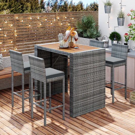 GO 5-Piece Wicker Bar Set – Gray Rope-Detail Chairs with Cushions & Acacia Wood Bar Table