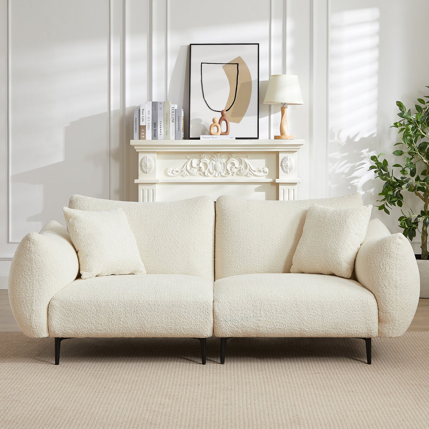 Monaco Sherpa Retreat – Elegant White 2-Seater Sofa with Metal Accents & Pillows