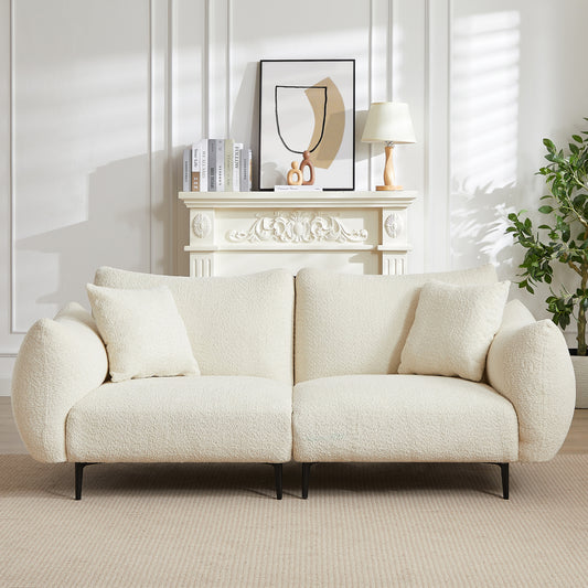 Monaco Sherpa Retreat – Elegant White 2-Seater Sofa with Metal Accents & Pillows