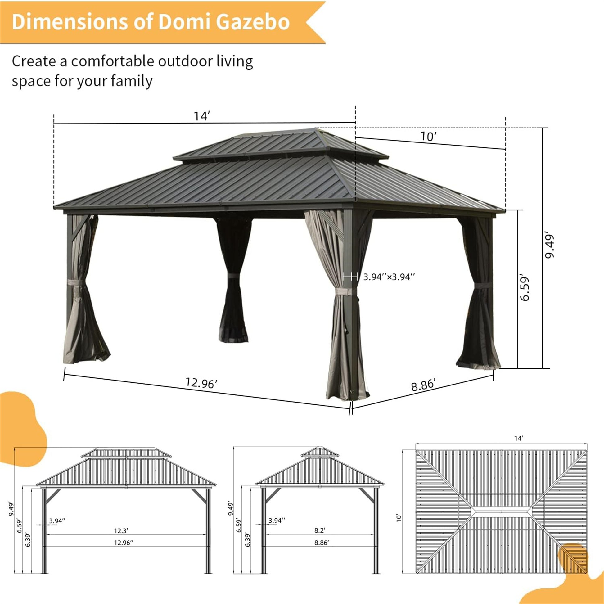 Aurelia 10x14' Metal Gazebo – Galvanized Steel Roof Canopy with Full Curtains & Netting - JUSTLIVE NESTJUSTLIVE NEST