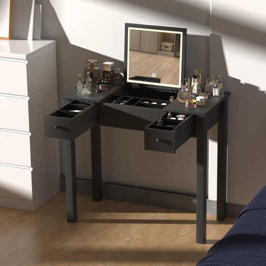 Stravelle Noir Flip – Black Flip-Top Vanity Table with LED Lights, 2 Drawers & Jewelry Organizer