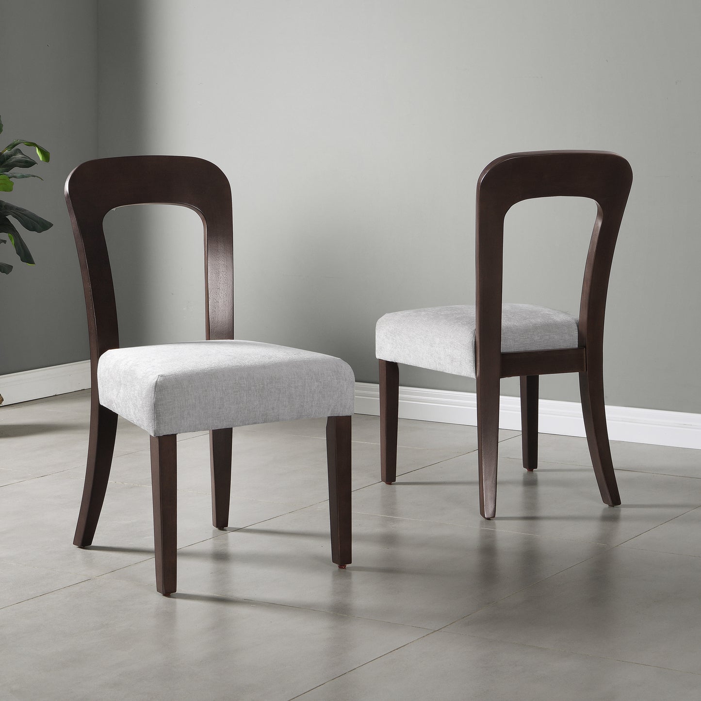Liora Dining Chairs – Set of 2 Gray Fabric Side Chairs with Dark Brown Rubberwood Legs