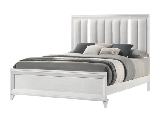 Kivora King Bed – White LED Upholstered Panel Frame with Cushioned Headboard