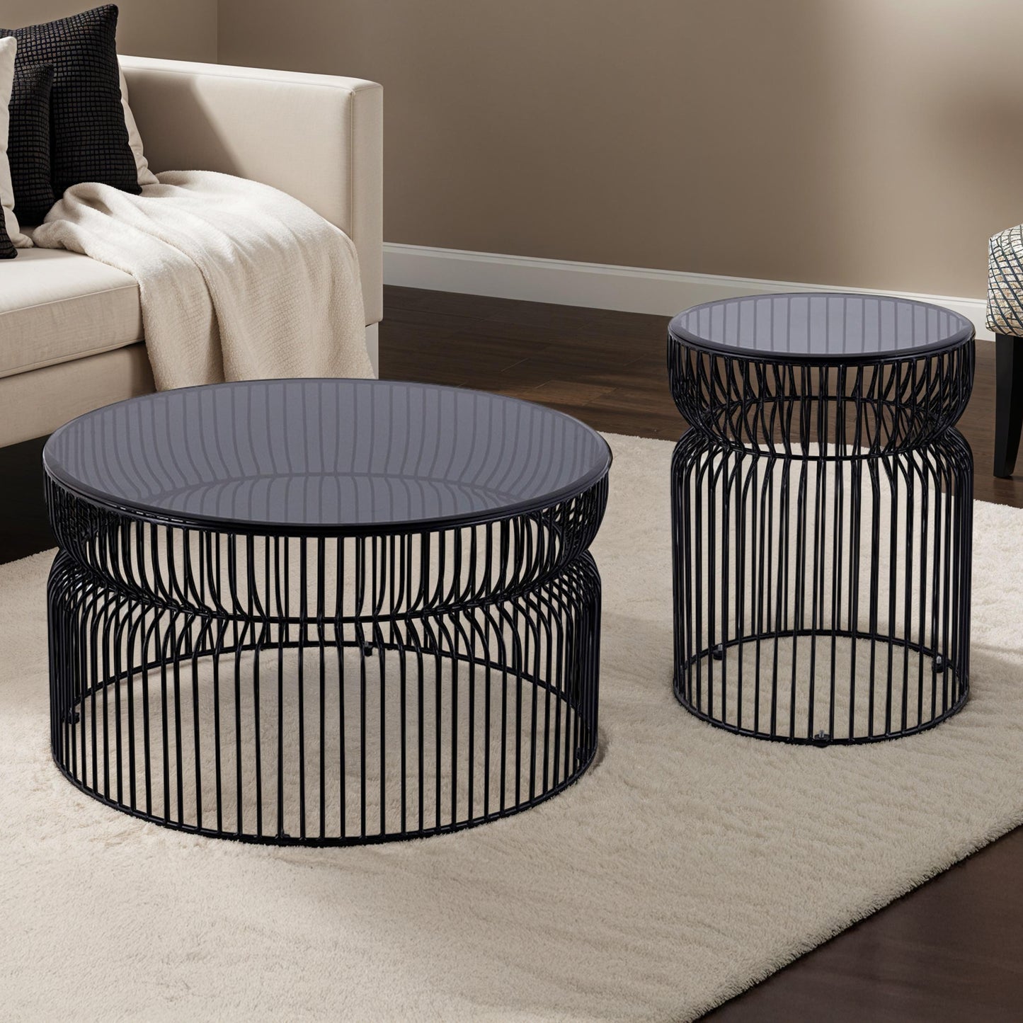 Glave Black Set – 30" Round Coffee Table & 21" End Table with SmokeGlass and DarkMetal Frame