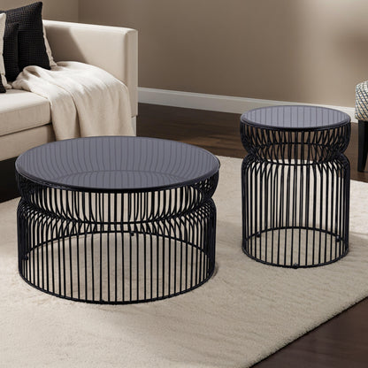 Glave Black Set – 30" Round Coffee Table & 21" End Table with SmokeGlass and DarkMetal Frame