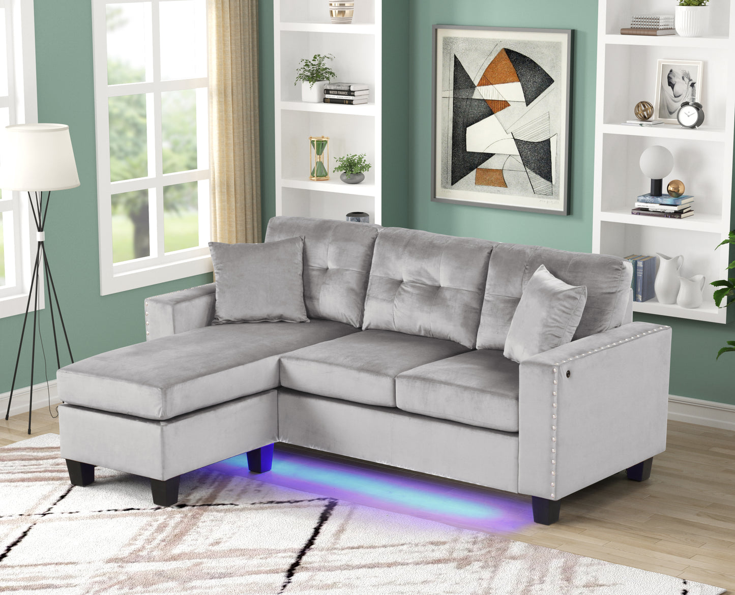 74' Designer Lounge – Plush Reversible Sofa with Ambient Lighting & Built-In Features (Gray