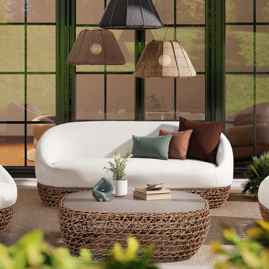 Willow Deep Patio Sofa – 71" Woven Outdoor Couch with Golden Brown Frame & Wheat Beige Cushions