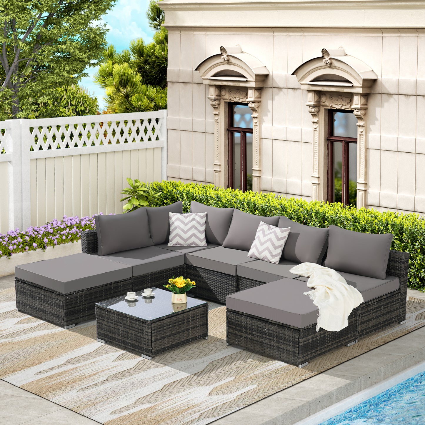 Solvara 8-Piece Wicker Patio Set – Sectional Sofa with Washable Cushions & Glass Coffee Table