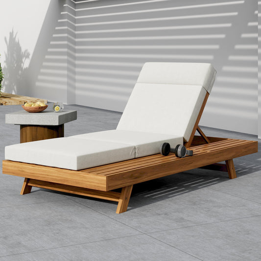 Solvara Acacia Wheeled Chaise – Adjustable Patio Recliner with White 2" Cushion & 4-Position Backrest