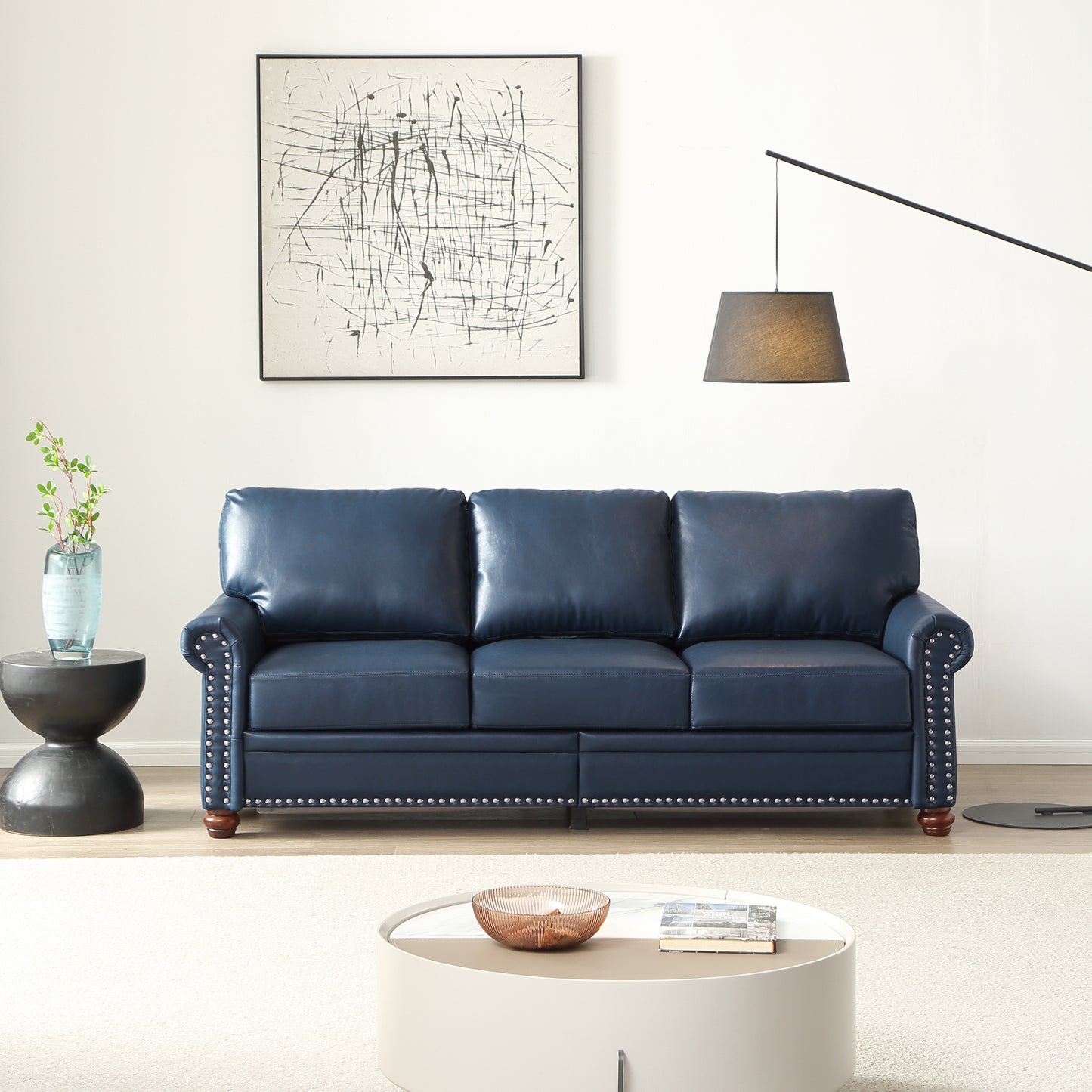 NestEdge ‘Nailuxe” Sofa – Navy Faux Leather | Round Arm + Silver Nailhead Trim