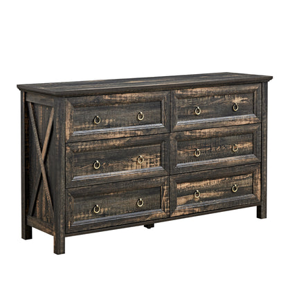 Alderly DarkSix – 6-Drawer Rustic Dresser in Deep Oak Finish