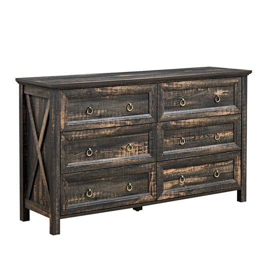 Alderly DarkSix – 6-Drawer Rustic Dresser in Deep Oak Finish